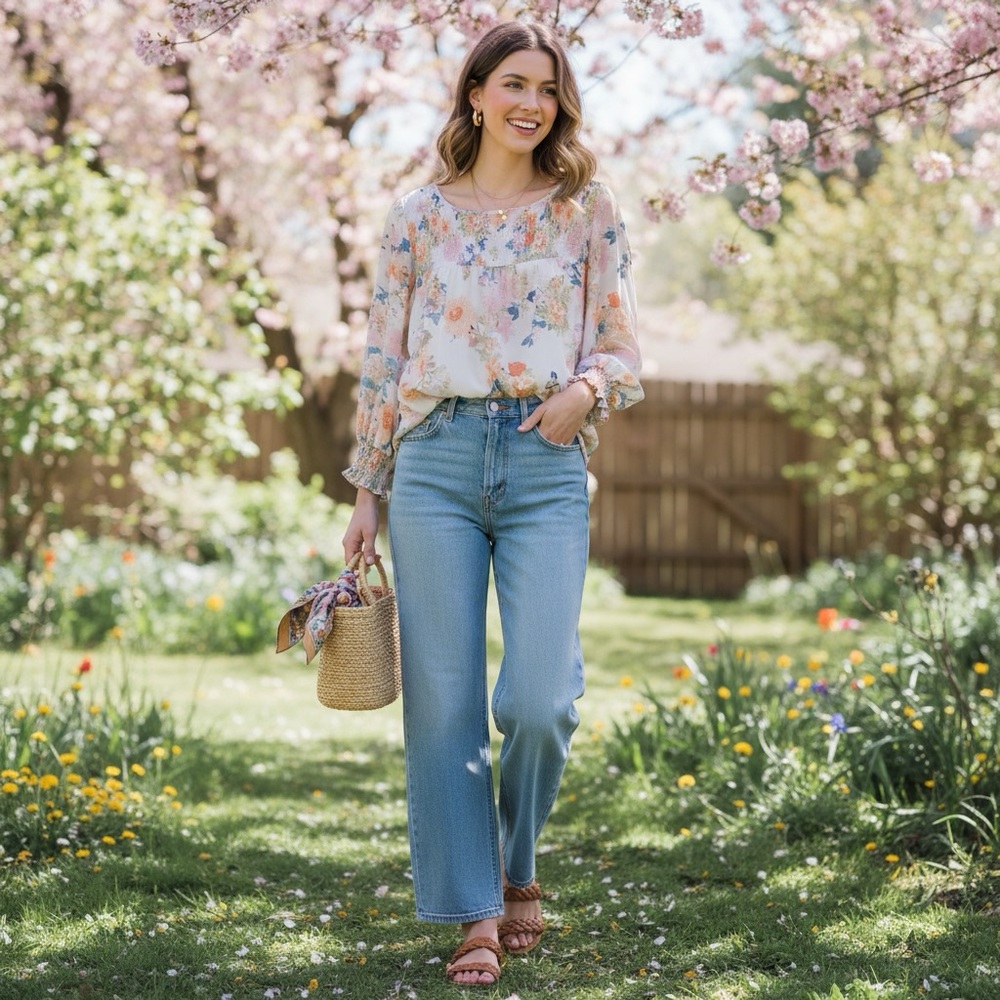 Rose + Olive | Floral Chiffon Top | Smocked Waist & Cuffs | Ivory/Pink | S